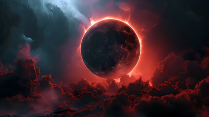 Awe Inspiring Cosmic Eclipse Engulfed in Fiery Crimson Hues and Ominous Clouds