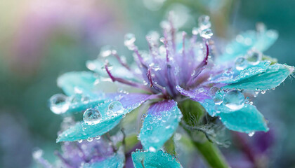 Dew drops on a beautiful purple and turquoise flower. Foreground and blurred background. Enchanting...