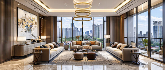 Modern Luxury Living Space, Stylish Interior Design with Elegant Sofa, Contemporary Home Decor and Architectural Details
