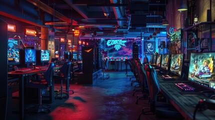 A gaming cafe, with a variety of gaming stations and a menu of snacks and drinks,