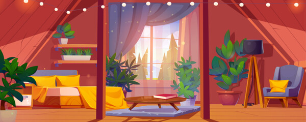 Cozy wooden cabin attic bedroom interior with forest outside window. Cartoon vector wood mansard with big family bed and table, armchair and floor lamp, shelves and green plants in flower pots. - obrazy, fototapety, plakaty