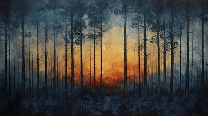 As day gives way to night, the forest whispers goodbye in a gradient of silence - obrazy, fototapety, plakaty