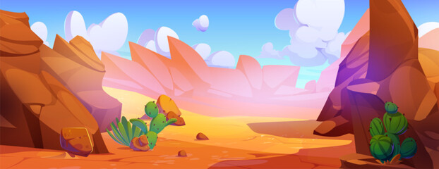 Sandy desert in rocky canyon valley. Vector cartoon illustration of dry land with cracks and big stones, green cactus plants in shadow, sunny blue sky with fluffy clouds, adventure game background - obrazy, fototapety, plakaty