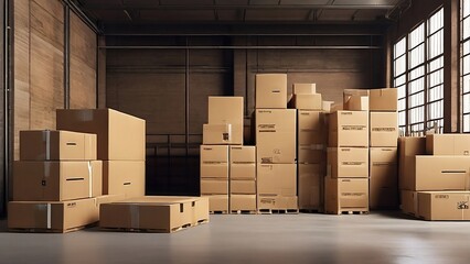 Cardboard Boxes are put in the huge warehouse.