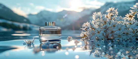 A vision of skincare luxury set against the reflective tranquility of a clear day - obrazy, fototapety, plakaty
