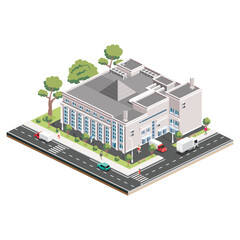 Isometric shopping mall. Infographic element. Supermarket building. People, trucks and trees with green leaves isolated on white background.