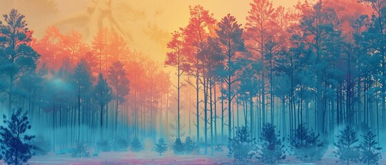A pastel gradient enfolds the forest, where silence has its own language - obrazy, fototapety, plakaty