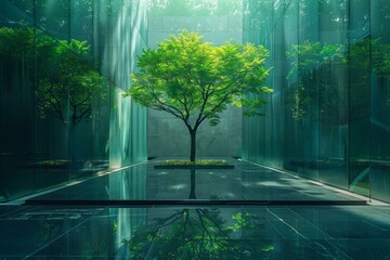 A greener future encased in glass, a tree stands as a beacon of hope
