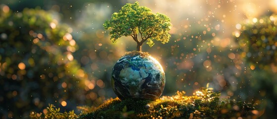 A globe-bound tree bathed in dappled light, crux of a healthier, greener planet - obrazy, fototapety, plakaty