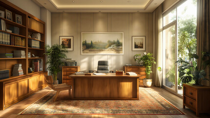 Fototapeta premium Office interior. 3D rendering. Workplace in modern office.