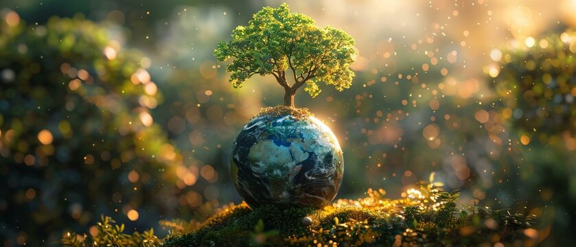 A globe-bound tree bathed in dappled light, crux of a healthier, greener planet
