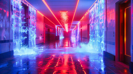 Mysterious Neon-Lit Corridor, an Abstract and Futuristic Design Perfect for a Sci-Fi or High-Tech Themed Setting