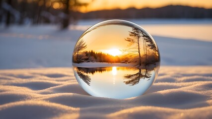 {A transparent glass ball delicately placed on pristine snow, bathed in the warm rays of the setting sun, creating a magical Christmas ambiance. The ball reflects the surrounding winter landscape and 