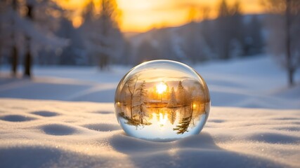 Fototapeta na wymiar {A transparent glass ball delicately placed on pristine snow, bathed in the warm rays of the setting sun, creating a magical Christmas ambiance. The ball reflects the surrounding winter landscape and 