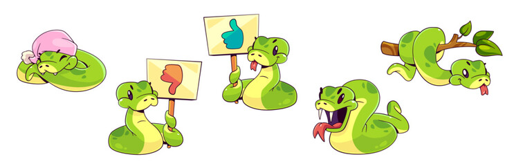 Green snake characters set isolated on white background. Vector cartoon illustration of cute serpent mascots sleeping in hat, showing like and dislike banners, angry, hanging on tree branch in zoo - obrazy, fototapety, plakaty