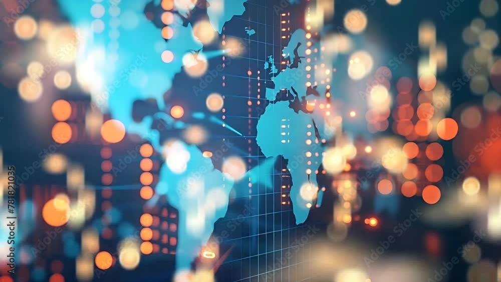 Poster digital map of the world with glowing connections between cities, representing global connectivity and data transfer in cloud computing. 4k loop animation