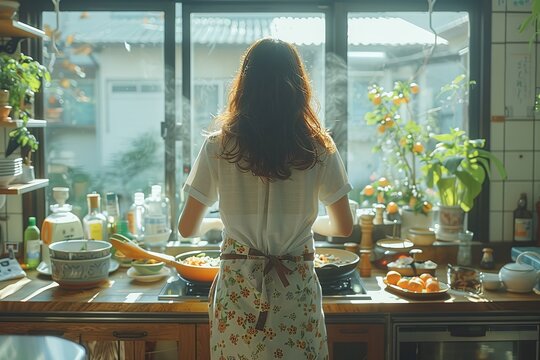 キッチンで作業する女性