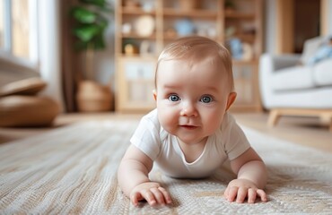 Adorable Baby Crawling on a Soft White Rug in a Cozy Living Room Setting