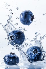 Fresh Blueberries Splashing Into Crystal Clear Water Against a White Background