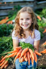 Young Girl Holding Freshly Harvested Carrots in a Sunny Vegetable Garden