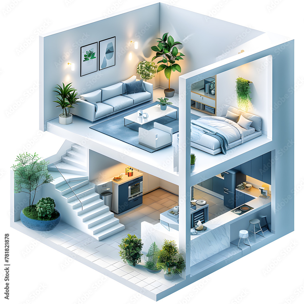 Poster isometric view of the inside of a house. stylized with a nice color palette basic style 3d mockup 3d