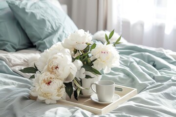 Serene Bedroom Morning With White Peonies on Soft Linens