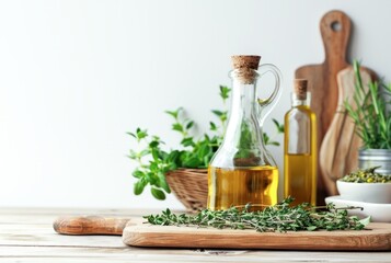 Sunlit Kitchen Counter With Olive Oil, Fresh Herbs, and Cooking Utensils in the Morning