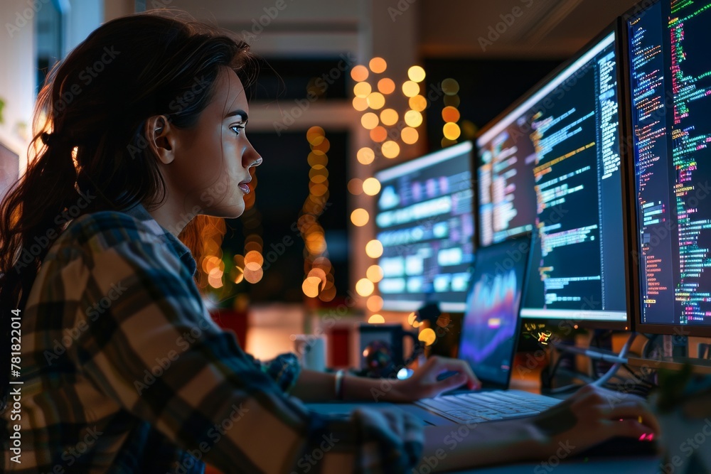 Poster female software engineer working intensely on multiple computer screens at night