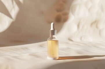 Glass Dropper Bottle With Golden Liquid on a Neutral Backdrop in Soft Natural Light