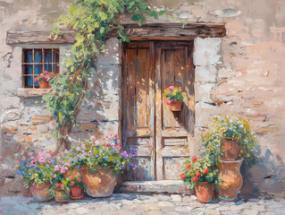Oil Painting Stone House Wall Art, Summertime, generated ai