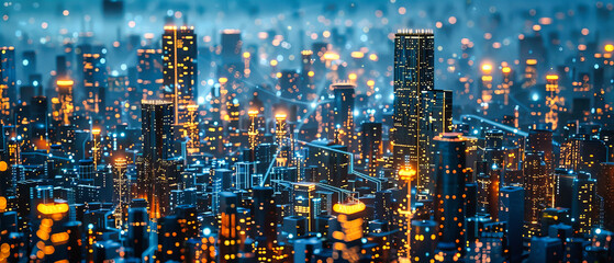 Night Cityscape with Urban Lights, Modern Architecture and Skyline, Blurred Background with Illuminated Skyscrapers