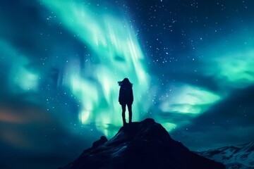 Solitary Person Admiring the Northern Lights Over Snowy Mountains at Night