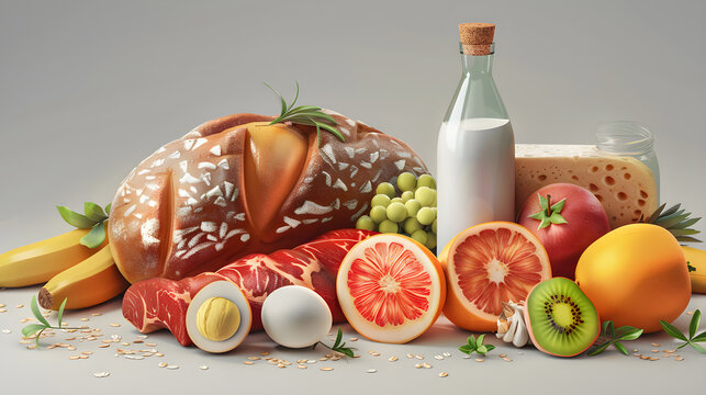 logo of bread, fruits, meat, eggs, bottle of milk , vegetables