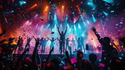 Fototapeta premium A crowd of people are celebrating with confetti falling around them. Scene is joyful and festive