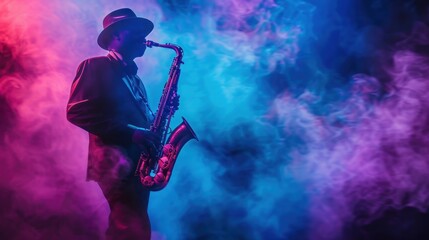 A man playing a saxophone in a smoky room. The room is filled with smoke and the man is wearing a...