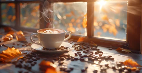 Tuinposter cup of coffee with latte art on the table in autumn, surrounded by scattered beans and warm next to it. The background is an open window overlooking nature, creating a cozy atmosphere © ClicksdeMexico