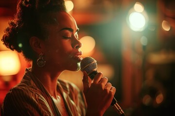 A woman singing into a microphone. She is wearing a black and white shirt. The image has a mood of...