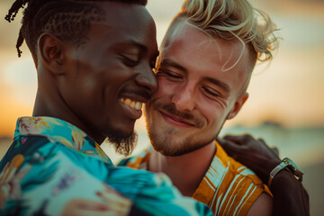 two young men embrace on the beach, one is Caucasian and the other black