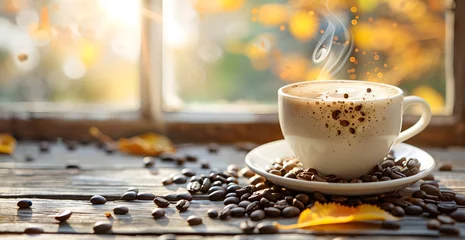 Tuinposter cup of coffee with latte art on the table in autumn, surrounded by scattered beans and warm next to it. The background is an open window overlooking nature, creating a cozy atmosphere © ClicksdeMexico