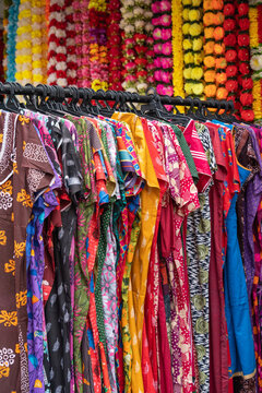 Colorful Indian costumes selling in front of the boutique shop in Brickfields Little India.