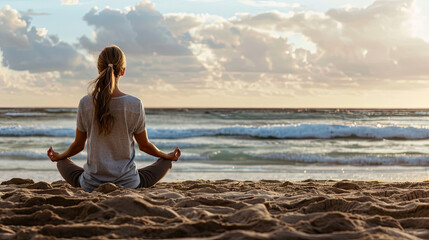 Fototapeta na wymiar Back view of a woman doing yoga on a sandy beach