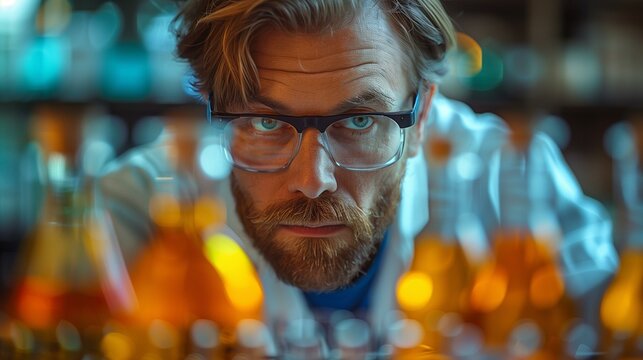 Serious glass mature adult concentration, scientist in laboratory