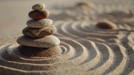 Fototapeta na wymiar Close-up of zen stones pyramid on the sandy beach