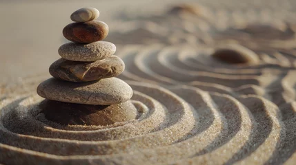Tuinposter Close-up of zen stones pyramid on the sandy beach © Aleksandr Bryliaev