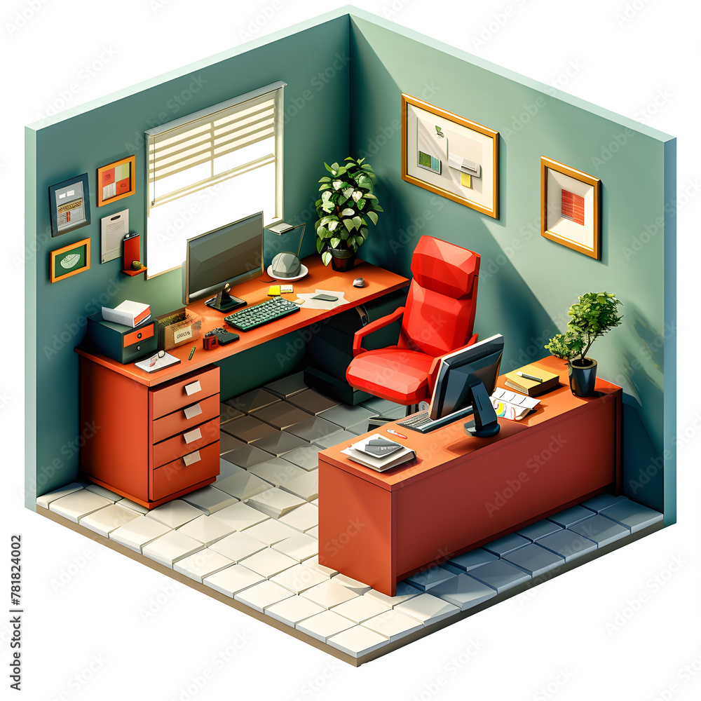 Poster isometric view of the inside of a house. stylized with a nice color palette basic style 3d mockup 3d