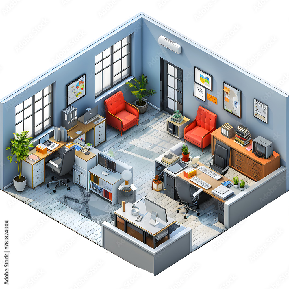 Poster isometric view of the inside of a house. stylized with a nice color palette basic style 3d mockup 3d