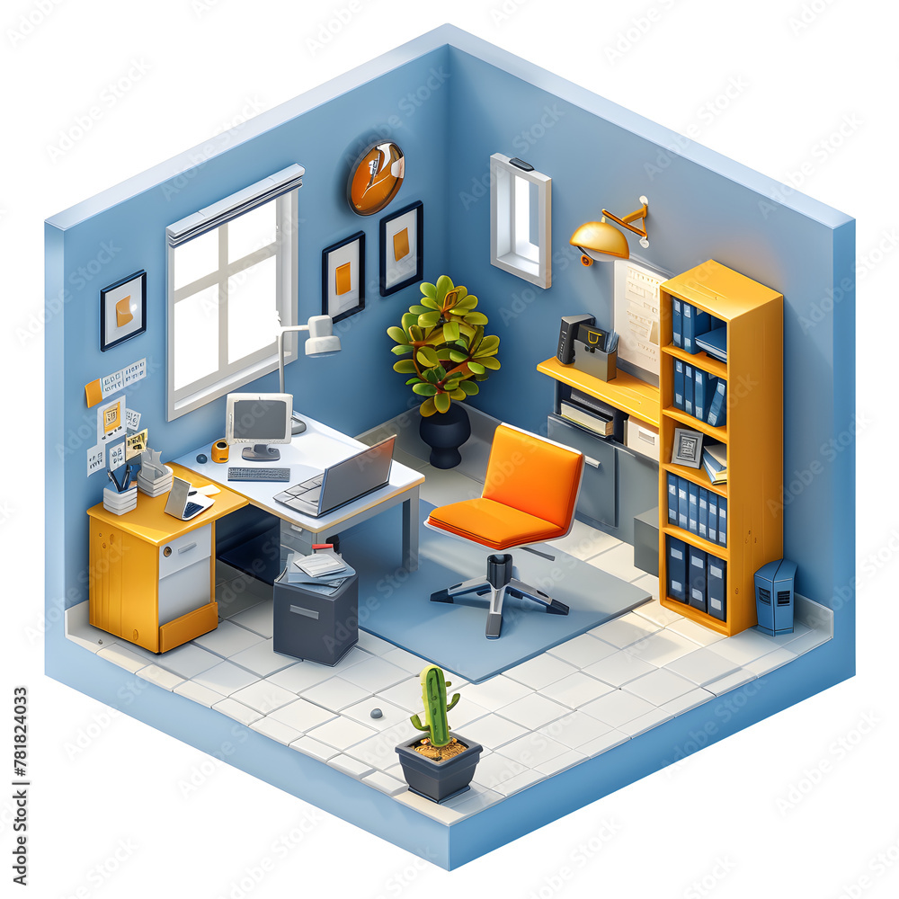 Poster isometric view of the inside of a house. stylized with a nice color palette basic style 3d mockup 3d