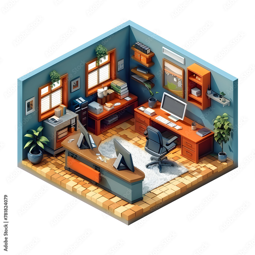Poster isometric view of the inside of a house. stylized with a nice color palette basic style 3d mockup 3d