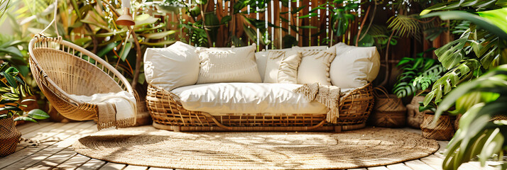 Outdoor Garden Lounge with Comfortable Sofa and Chairs, Relaxing Patio Area in Green Nature, Stylish Rattan Furniture