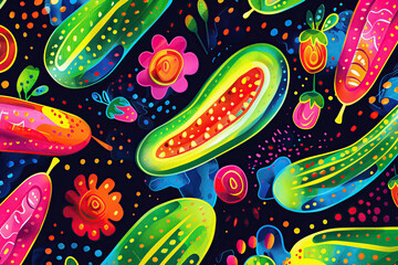 Modern abstract background in bright color. Bright abstract shapes. Cartoon exotic fruits, plants and flowers. African motifs - 781824289